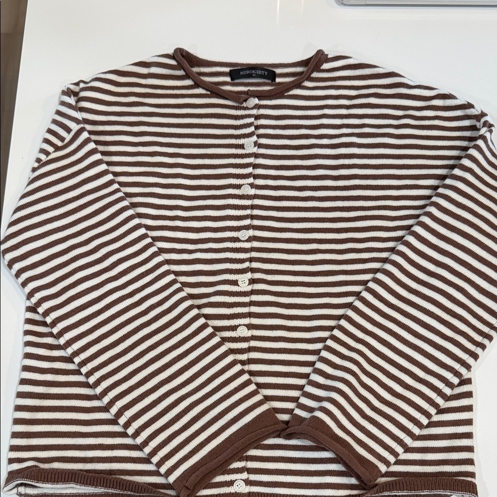 Merokeety Brown & White Striped Button Cardigan